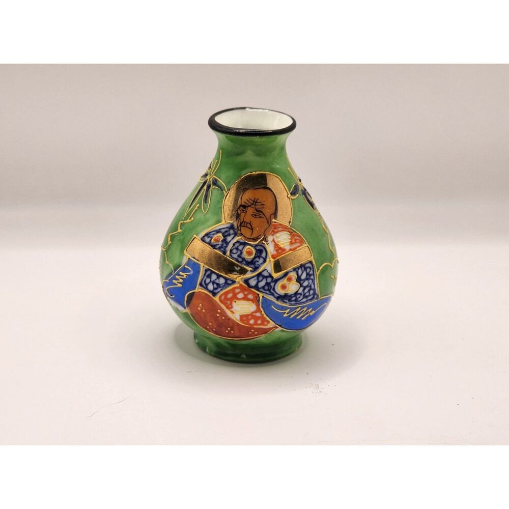 Occupied Japan Satsuma Style Mini Bud Vase Geisha Figural Green Gold Gilt 3 in